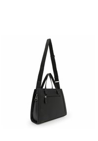 Borsa a tracolla in pelle nera con doppio manico superiore, cinturino per spalla staccabile e tasca frontale con zip. Tessuto liscio con forma strutturata.
