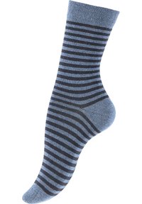 Calzini a righe blu e blu scuro, realizzati in tessuto lavorato a maglia con una consistenza morbida, dotati di un polsino a coste e una punta arrotondata.