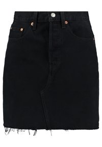 Svart denimkjol med fransig fåll, kopparfärgad knappdetaljer, framfickor och rak skärning. Tillverkad av slitstarkt bomullsmaterial.