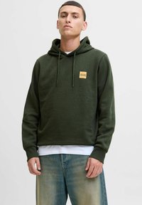 Green hooded sweatshirt with a small square patch logo, ribbed cuffs, and a relaxed fit. Worn over a white shirt and paired with light jeans.