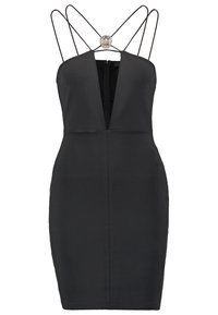 Robe courte noire ajustée avec un profond décolleté en V, fines bretelles doubles et un bijou rond décoratif au centre en haut.