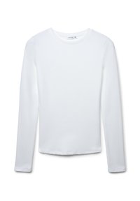 Maglietta aderente a maniche lunghe di colore bianco, realizzata in tessuto liscio e elasticizzato, con scollatura tonda e senza decorazioni visibili.