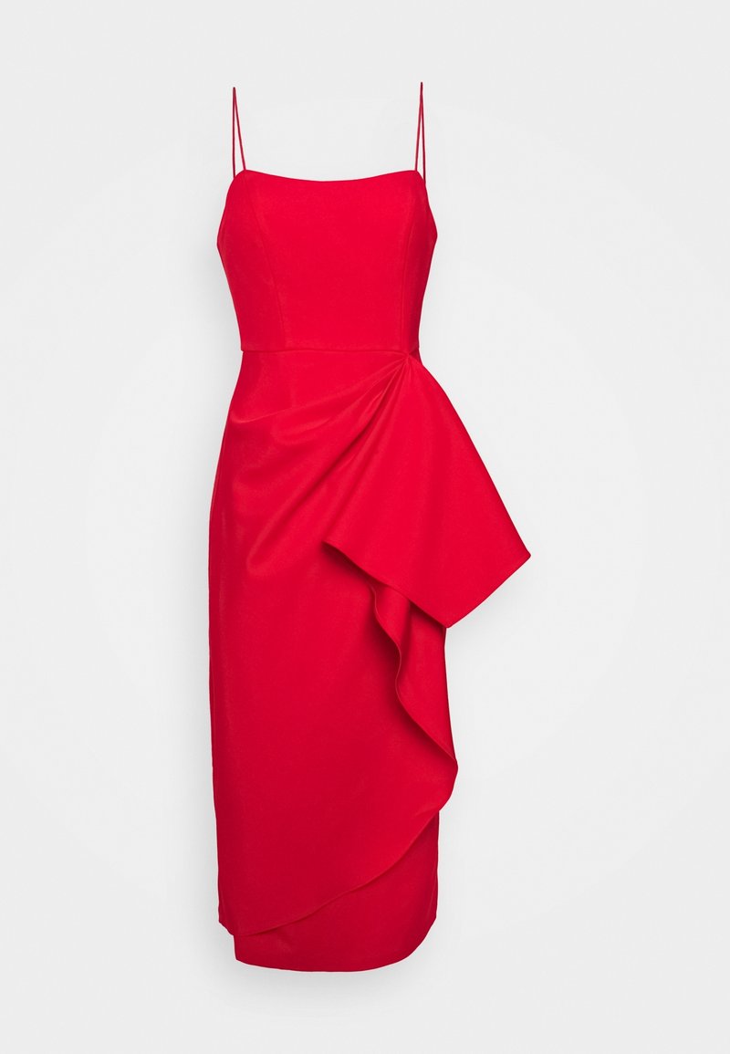 Robe midi rouge avec fines bretelles spaghetti et un détail asymétrique à volants sur un côté.