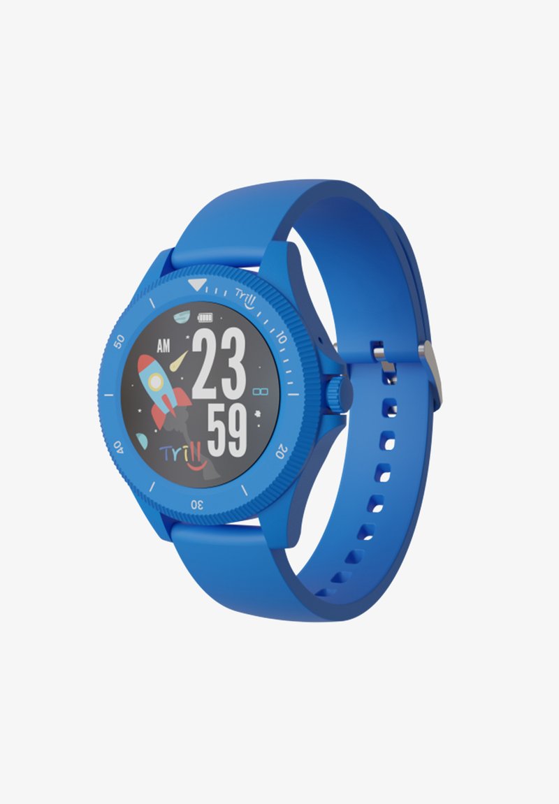 Orologio intelligente in silicone blu con quadrante rotondo, display digitale che mostra "23:59," grafica di un razzo giocoso e una lunetta rigata.