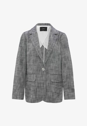Grijs geblokt blazer met een geknopt kraag, sluiting met één knop, twee voorzakken en een witte voering. Getextureerde stof.