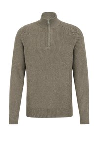 Khaki sweter prążkowany z wysokim kołnierzem i pół zamkiem, posiadający długie rękawy oraz teksturowany wzór dzianiny.