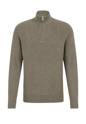 Khakifarbenes, geripptes Sweatshirt mit hohem Kragen und einem halben Reißverschluss, ausgestattet mit langen Ärmeln und einem strukturierten Strickdesign.