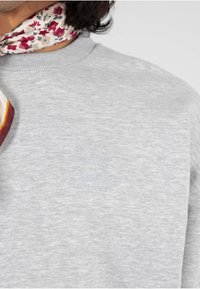 Felpa grigia con collo a giro, caratterizzata da una finitura testurizzata e un logo ricamato azzurro chiaro, abbinata a una sciarpa a fantasia floreale.