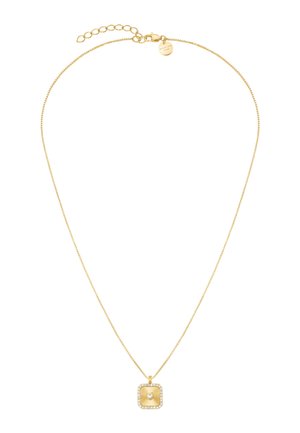 Delicate gold chain necklace with adjustable clasp, featuring a square pendant adorned with a central heart and surrounding small clear stones.