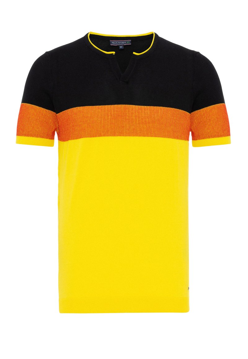 Suéter de manga corta, parte superior negra, franja horizontal naranja, parte inferior amarilla, diseño de escote en V, textura acanalada, forma ajustada, material de mezcla de algodón.