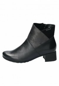 Bottines noires avec une finition en cuir lisse et un milieu texturé. Talon bas, bout rond et fermeture éclair sur le côté.