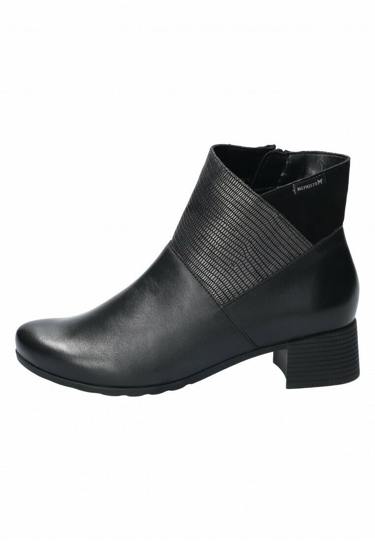 Bottines noires avec une finition en cuir lisse et un milieu texturé. Talon bas, bout rond et fermeture éclair sur le côté.