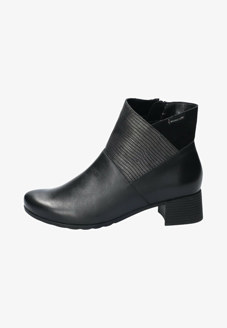 Bottines noires avec une finition en cuir lisse et un milieu texturé. Talon bas, bout rond et fermeture éclair sur le côté.