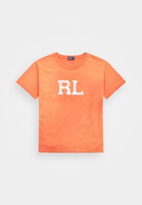 Oranssi puuvillainen lyhythihainen t-paita, jossa valkoinen "RL"-grafiikka edessä, pyöreä kaula-aukko ja rento istuvuus.