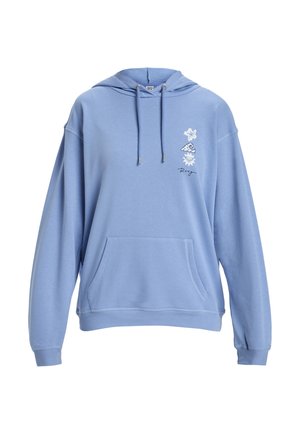 Blue hoodie in cotton blend, featuring a front pocket, drawstring hood, and white floral and wave graphics on the left chest.