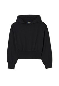 Felpa nera corta realizzata in tessuto morbido, con cappuccio, maniche lunghe con polsini a costine e orlo arricciato. Design semplice, senza motivi.