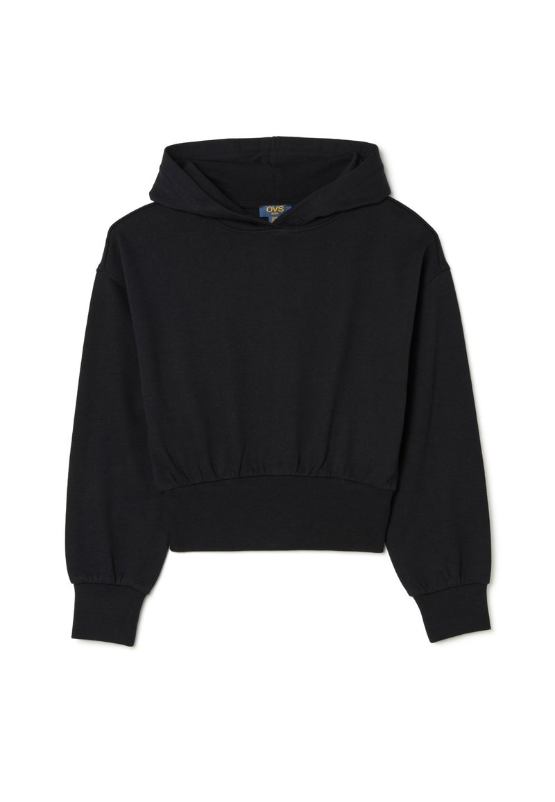 Felpa nera corta realizzata in tessuto morbido, con cappuccio, maniche lunghe con polsini a costine e orlo arricciato. Design semplice, senza motivi.