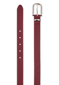 Ceinture en cuir bourgogne avec boucle en métal argenté, dotée de trous espacés régulièrement pour un ajustement. Texture lisse avec des extrémités effilées.