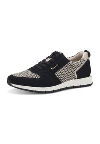 Sneaker nera in suede e tessuto intrecciato, con un design pattern, lacci frontali e una suola in gomma bianca con accento dorato.