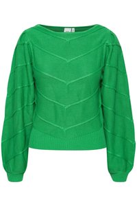 Zielony sweter dzianinowy z wzorem w zygzak, szerokim dekoltem oraz ściągaczami przy rękawach i dole. Teksturowany design z obszernymi rękawami.