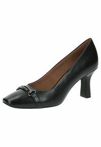 Pompe à talon haut en cuir noir avec un bout pointu, présentant un accent argenté près du bout et une semelle intérieure texturée. Talon carré standard.