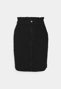 Jupe en denim noir avec un design ajusté, une taille élastique, des poches avant et une coupe droite avec un ourlet au niveau du genou.