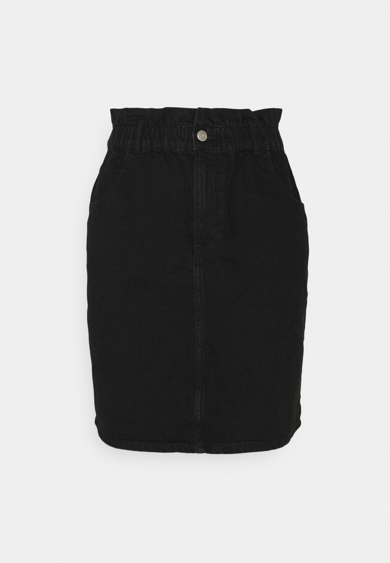 Jupe en denim noir avec un design ajusté, une taille élastique, des poches avant et une coupe droite avec un ourlet au niveau du genou.