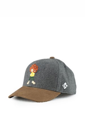 Gray fabric cap with a brown suede brim. Features an embroidered character design on the front and a logo patch on the side.
