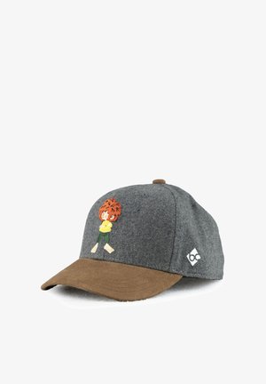 Grau gestreifter Stoffhut mit einem braunen Suede-Brim. Hat ein gesticktes Charakterdesign auf der Vorderseite und ein Logopatch an der Seite.