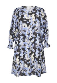 Vestido de pulóver floral en negro, azul y crema. Presenta mangas largas con puños fruncidos, escote en V y una silueta fluida. Tejido ligero.
