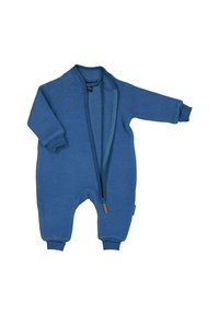 Sininen fleece-vauvan kokopuku, jossa on pitkät hihat, pystykaulus ja koko etupuolelta vetoketju. Hihansuut ovat resorilliset ja niissä on pieni nahkainen yksityiskohta.