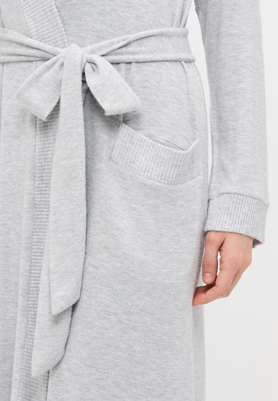 Gray knit robe featuring a tied waist, ribbed cuffs, and a pocket on the left side. Soft, textured fabric.