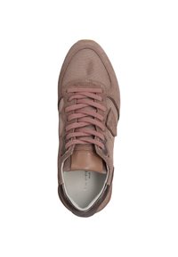 Zapatilla con parte superior de ante y malla en marrón claro, cierre de cordones y suela de goma. Cuenta con un collar y lengua acolchados, con detalles de diseño sutiles.