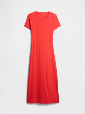Vestido vermelho, de mangas curtas, até ao tornozelo, com decote redondo, exibido sobre um fundo branco.