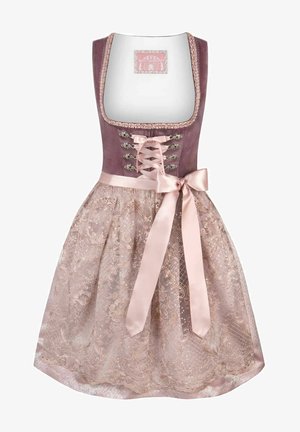 Traditionelles Kleid mit einem lavendelfarbenen Samtoberteil, Schnürung vorne und einer rosa Satinschleife. Der Rock hat kunstvolle Spitzenmuster und Pailletten.