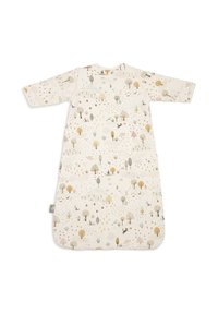 Snood d'intérieur long à motifs crème présentant des arbres, des animaux et des motifs naturels dans des tons terreux. En coton, avec des manches longues et un ourlet arrondi.