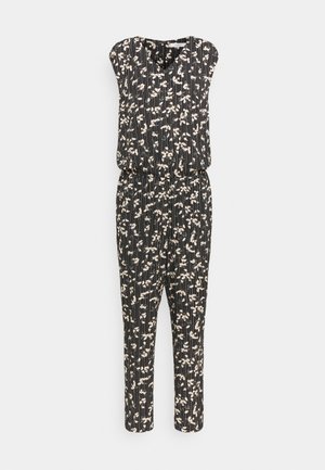 Combinaison noire sans manches avec motif floral blanc et rayures verticales, taille élastique, jambes étroites, et encolure ronde.