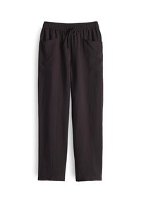 Pantalon décontracté noir avec taille élastique, cordon de serrage et deux grandes poches avant, coupe droite.