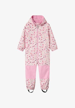 Pink floral rain suit with a zip closure, hood, and elastic cuffs. Features a patterned top and solid pink lower sections with straps.