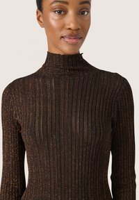 Pruun soonikkatega turtleneck-sviiter, millel on metallilised aktsendid. Omab kõrget kaela ja pikki varrukasid, rõhutades figuuri järgivat siluetti.