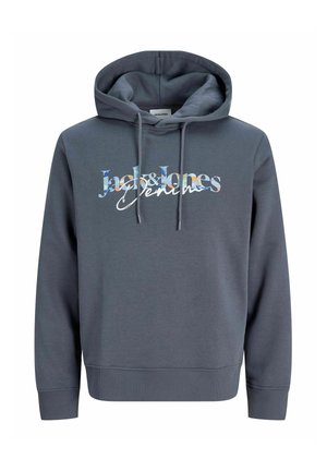Sweat à capuche gris foncé avec cordons, avec « Jack & Jones Denim » imprimé en lettres colorées et stylisées sur la poitrine.