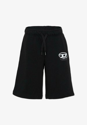 Zwarte gebreide korte broek met een elastische tailleband, trekkoord en zijzakken. Heeft een wit logo op de linker dij.