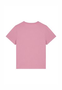 Rosa Kurzarm-T-Shirt mit rundem Halsausschnitt. Hergestellt aus weichem Stoff, mit einem schlichten Design und einer standardmäßigen Passform. Keine sichtbaren Grafiken oder Muster.