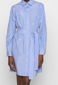 Blå randig skjortklänning med broderi, krage, framknappar, lång ärm och knytliv, tillverkad av ett lättviktigt tyg.