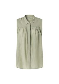 Blusa senza maniche di un verde chiaro con colletto a bottoni, caratterizzata da pieghe sottili sotto lo yoke e un tessuto liscio, leggermente testurizzato.