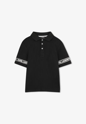 Zwart poloshirt met korte mouwen, voorzien van drie knopen, een geribbelde kraag en witte tekstbanden met "KARL LAGERFELD" op beide mouwen.