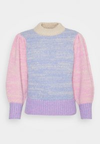 Pull en tricot avec un col montant, un design multicolore incluant du bleu clair, du rose et du violet, et des manches ballons texturées.