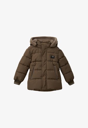 Brązowa kurtka puchowa z kapturem wykończonym futrem, z przeszywanymi panelami, dwoma bocznymi kieszeniami i ściągaczami z prążkowanymi akcentami.