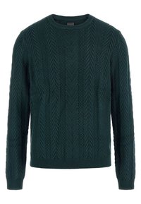 Dunkelgrüner gestrickter Pullover mit strukturierten Mustern, klassischem Rundhalsausschnitt, gerippten Bündchen und Saum. Hergestellt aus einem warmen, weichen Material.