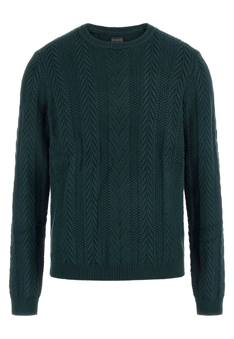 Dunkelgrüner gestrickter Pullover mit strukturierten Mustern, klassischem Rundhalsausschnitt, gerippten Bündchen und Saum. Hergestellt aus einem warmen, weichen Material.